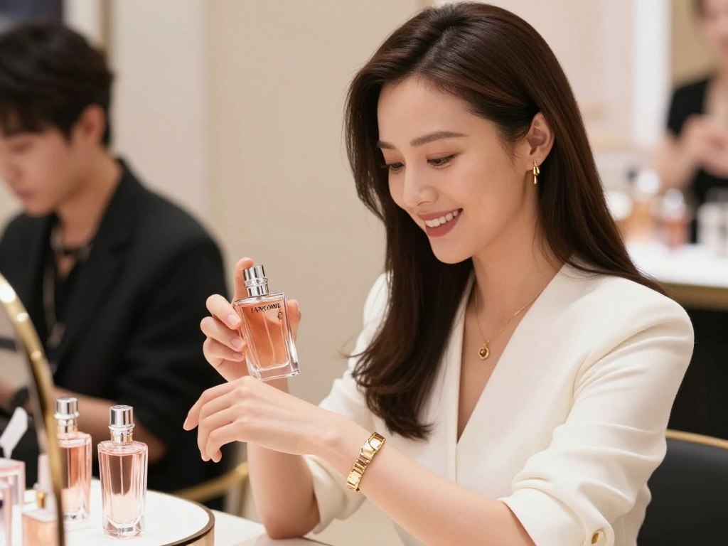 Kobieta testująca perfumy Lancome Tresor