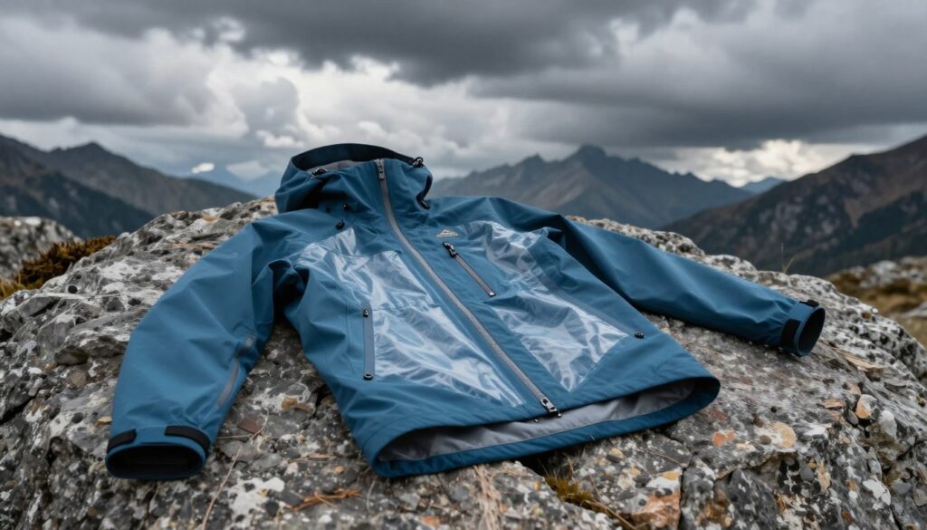 Kurtka przeciwdeszczowa z membraną Gore-Tex rozłożona na tle górskiego krajobrazu z chmurami Kurtka przeciwdeszczowa z membraną Gore-Tex rozłożona na tle górskiego krajobrazu z chmurami