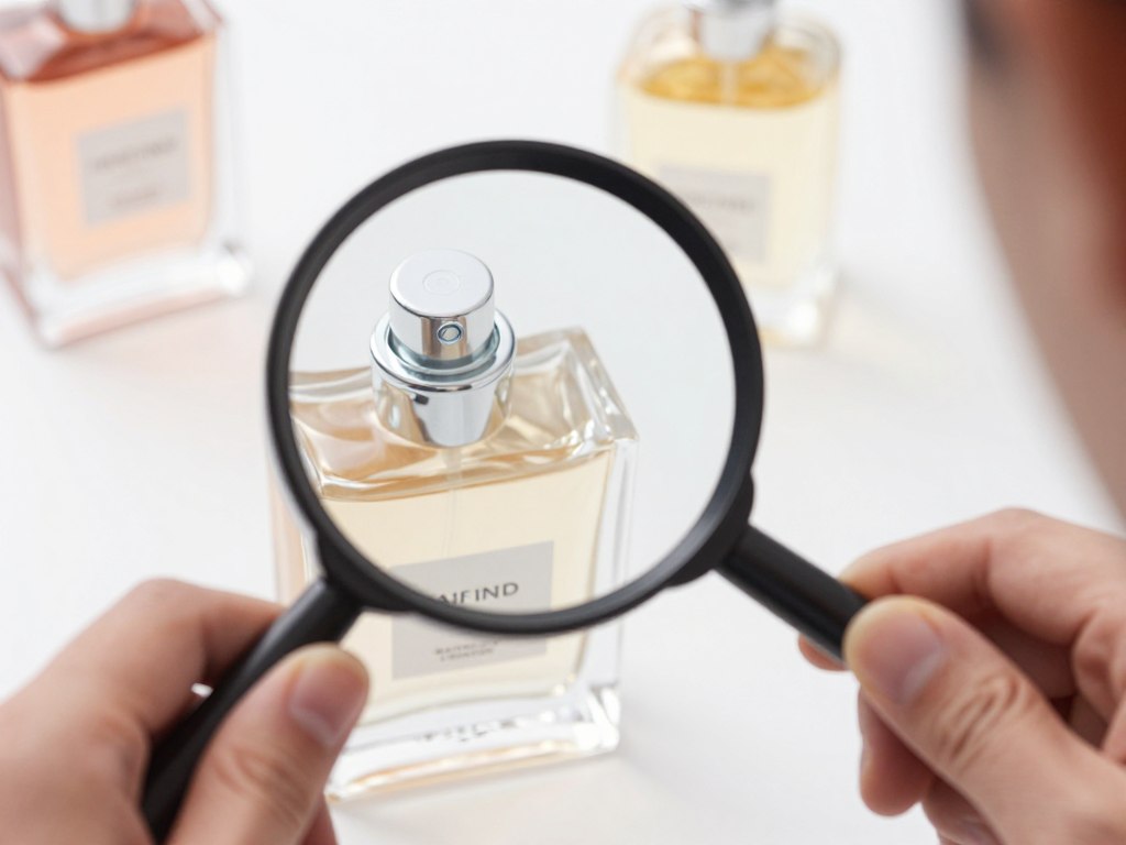 Lupa badająca szczegóły butelki perfum