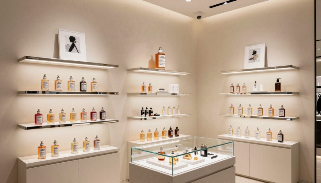 Luxury perfume store display with Maison Margiela products Luxury perfume store display with Maison Margiela products