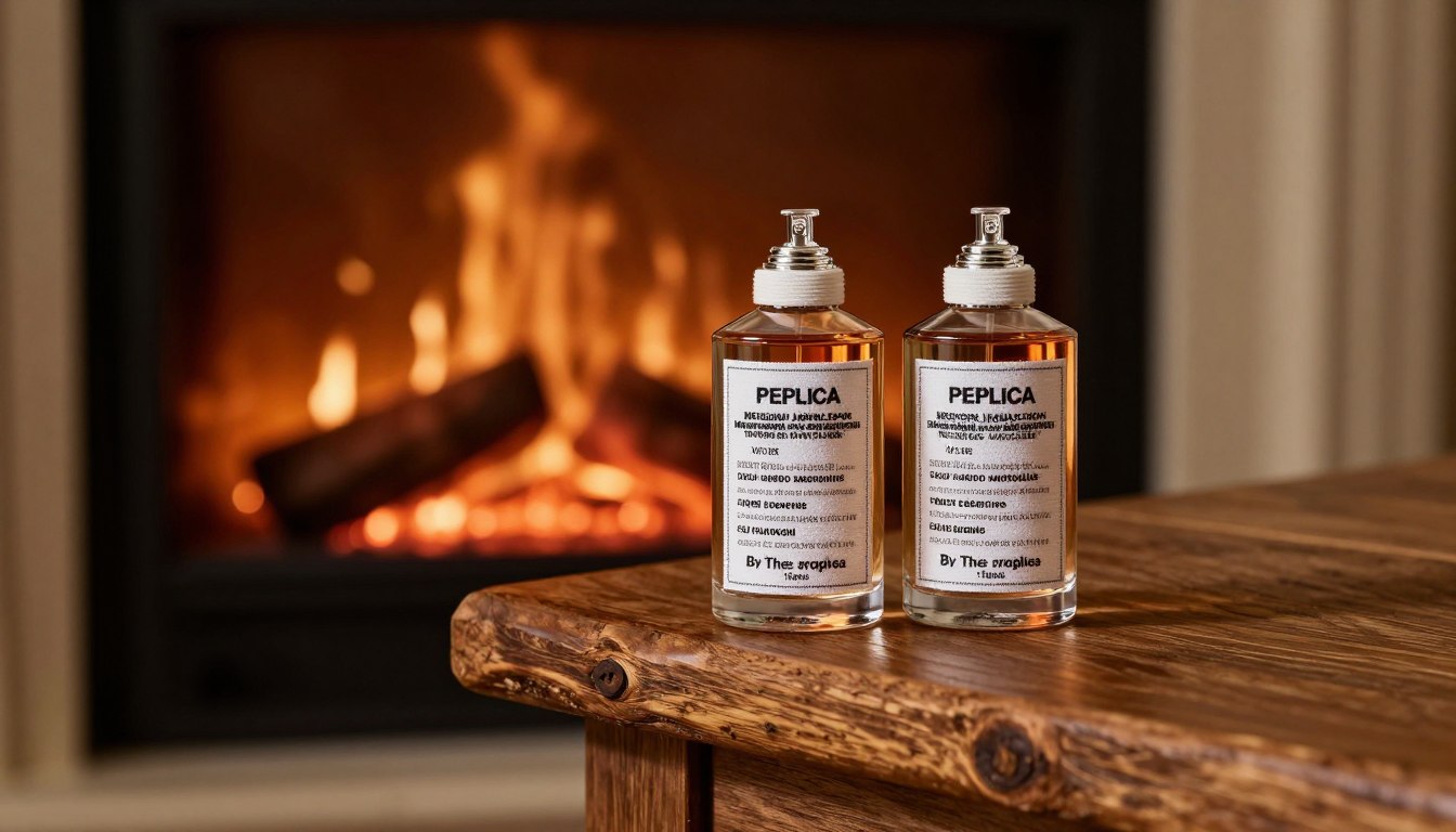 Maison Margiela Replica By The Fireplace bottle on fireplace mantel with warm lighting