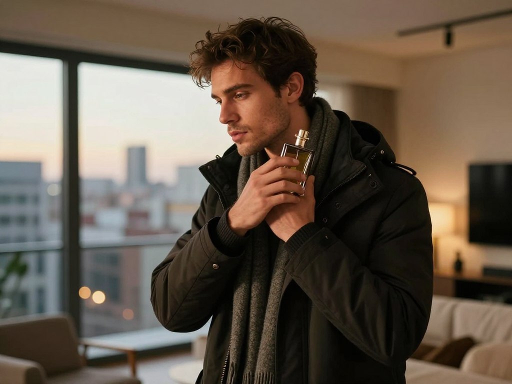 Man applying perfume before evening event in winter clothes Man applying perfume before evening event in winter clothes