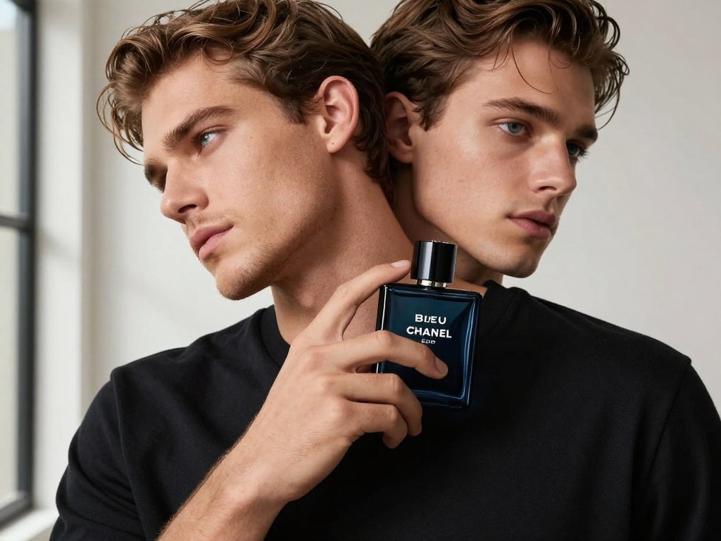 Mężczyzna aplikujący Bleu de Chanel EDP