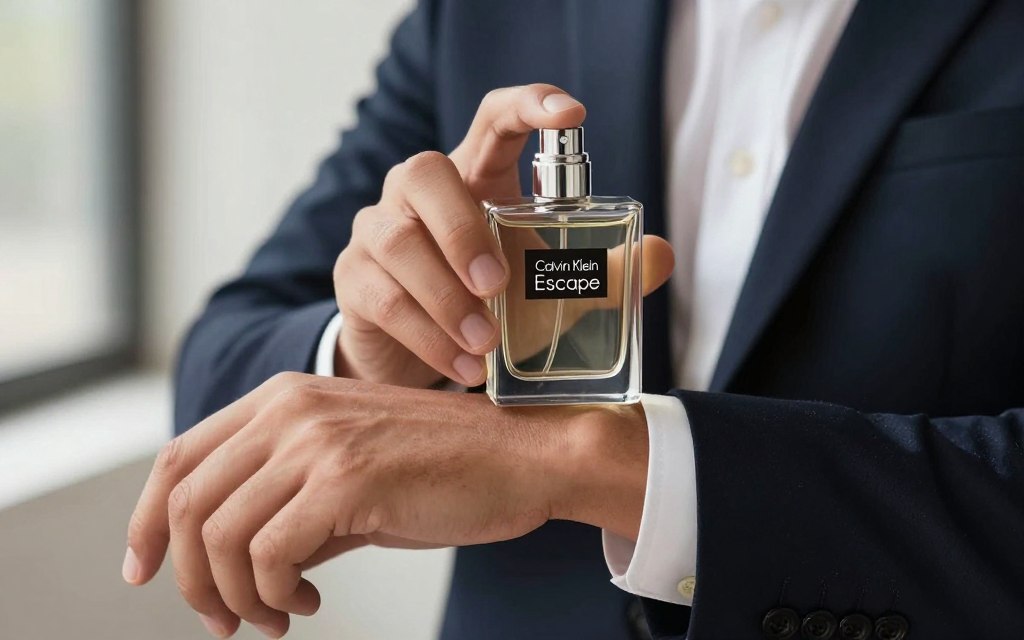 Mężczyzna aplikujący perfumy escape calvin klein man na nadgarstek
