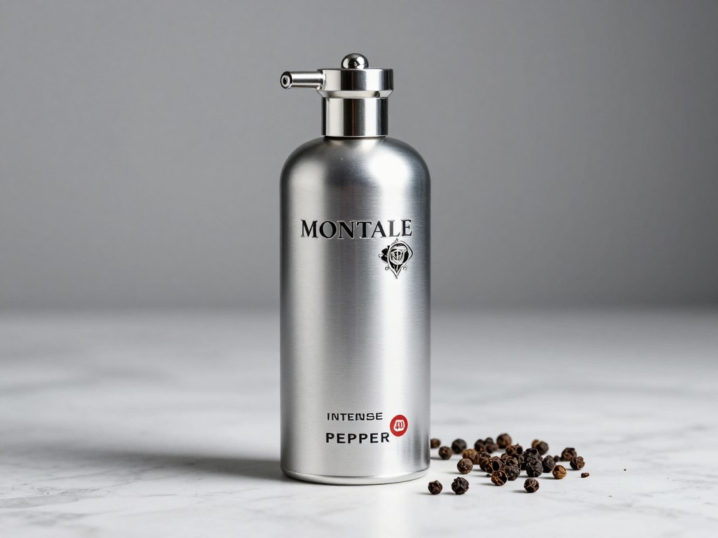 Montale Intense Pepper perfumy z elegancką srebrną butelką na marmurowym tle