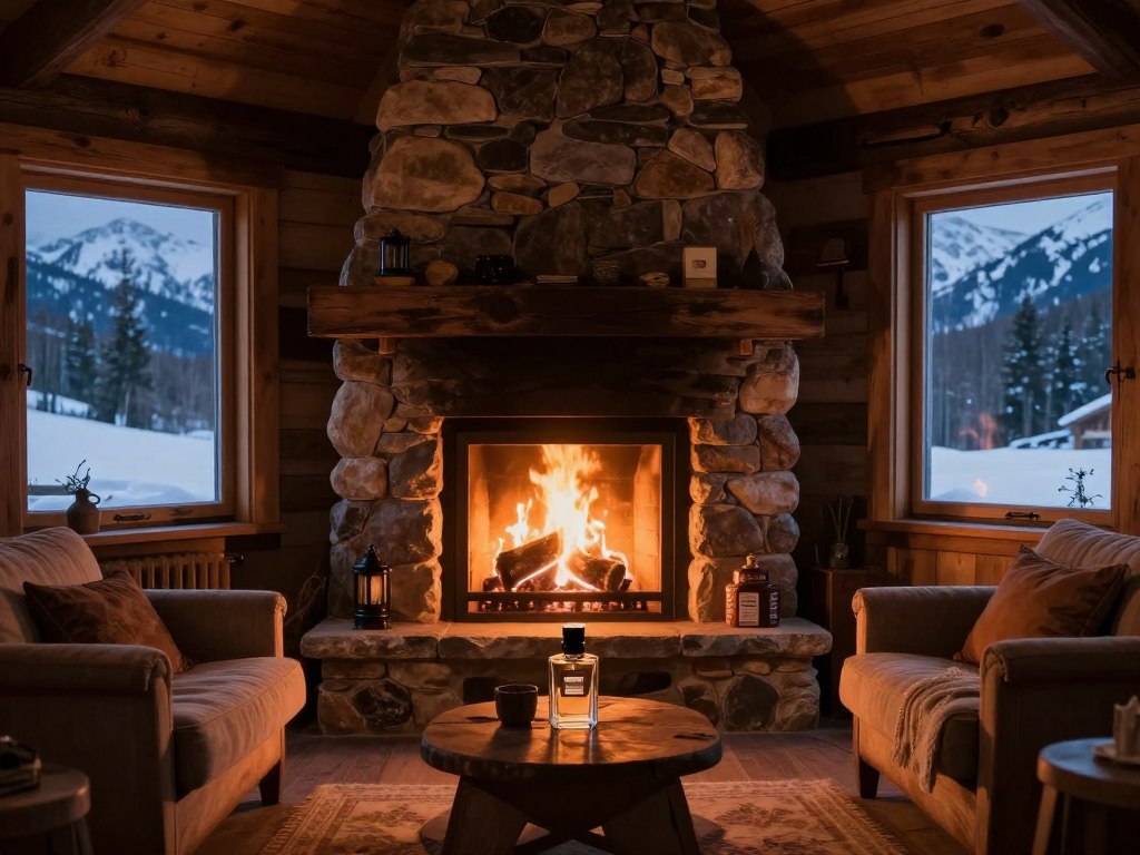 Mountain cabin with fireplace representing perfume inspiration Mountain cabin with fireplace representing perfume inspiration