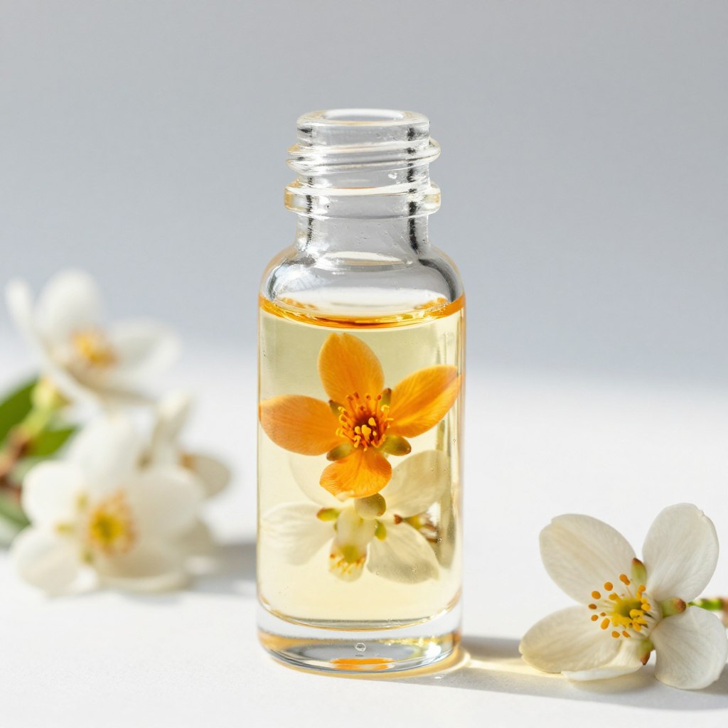 Naturalne kwiaty neroli w szklanej butelce z olejkiem eterycznym