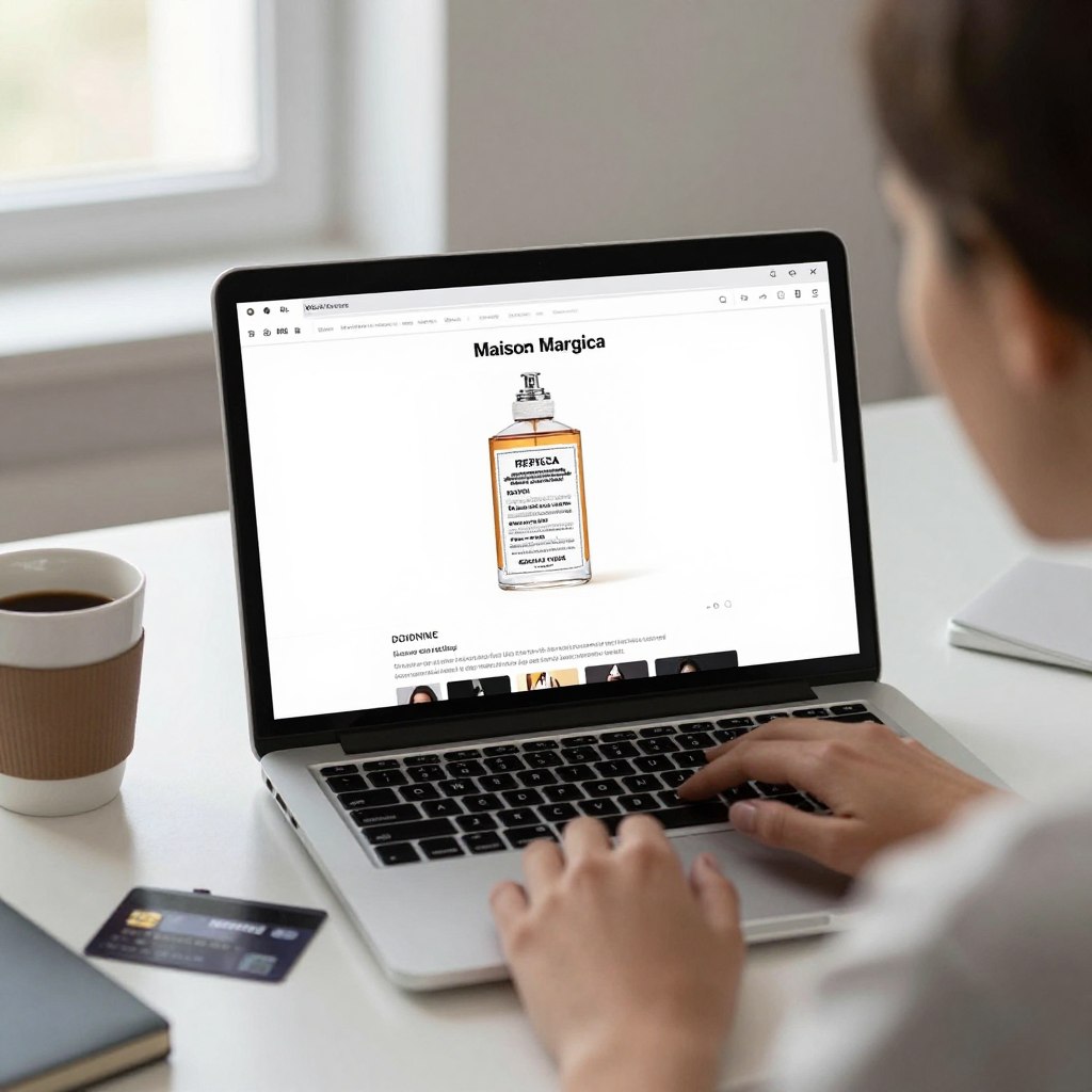 Online shopping for perfumes on laptop screen Online shopping for perfumes on laptop screen