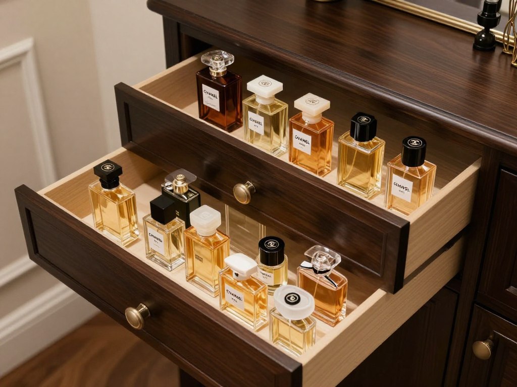Organized perfume collection storage in dark drawer