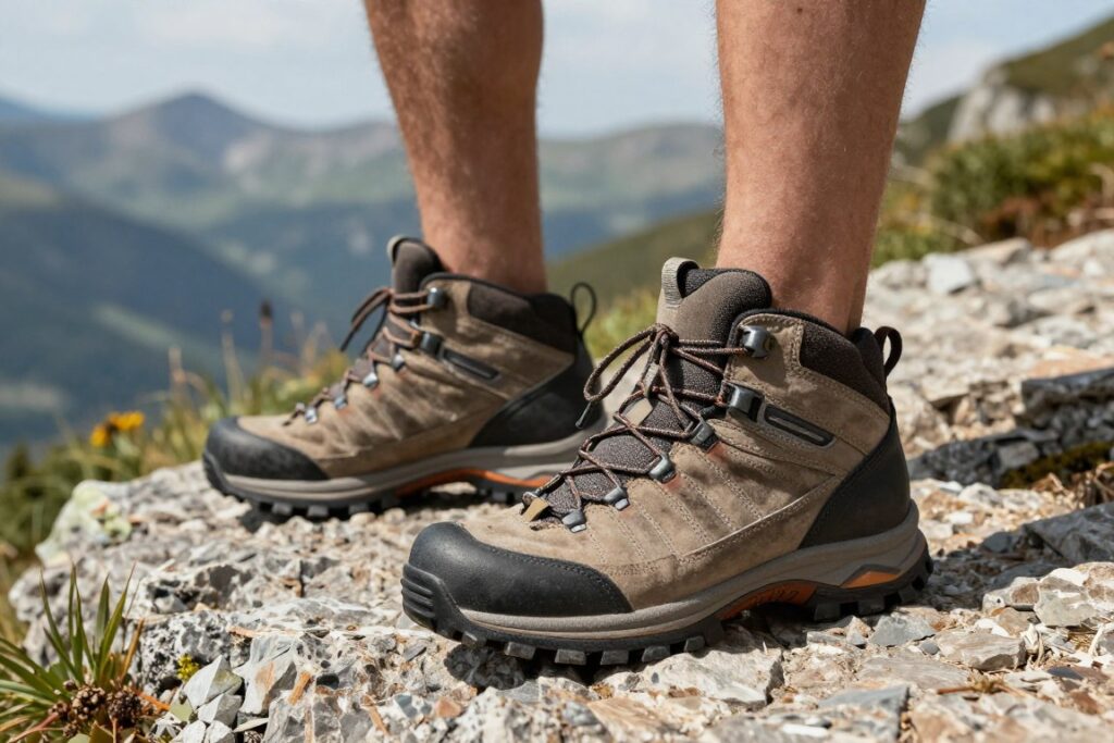 Para butów trekkingowych na tle górskiego szlaku z kamienistym terenem Para butów trekkingowych na tle górskiego szlaku z kamienistym terenem