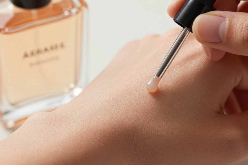 Perfume application on wrist showing longevity test Perfume application on wrist showing longevity test
