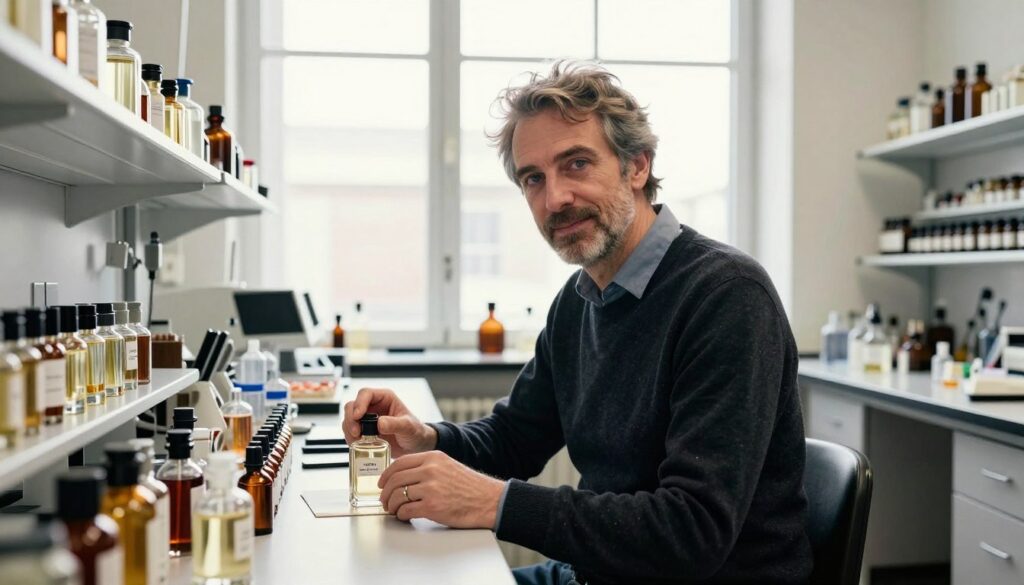 Perfumer Aurelien Guichard working in laboratory Perfumer Aurelien Guichard working in laboratory