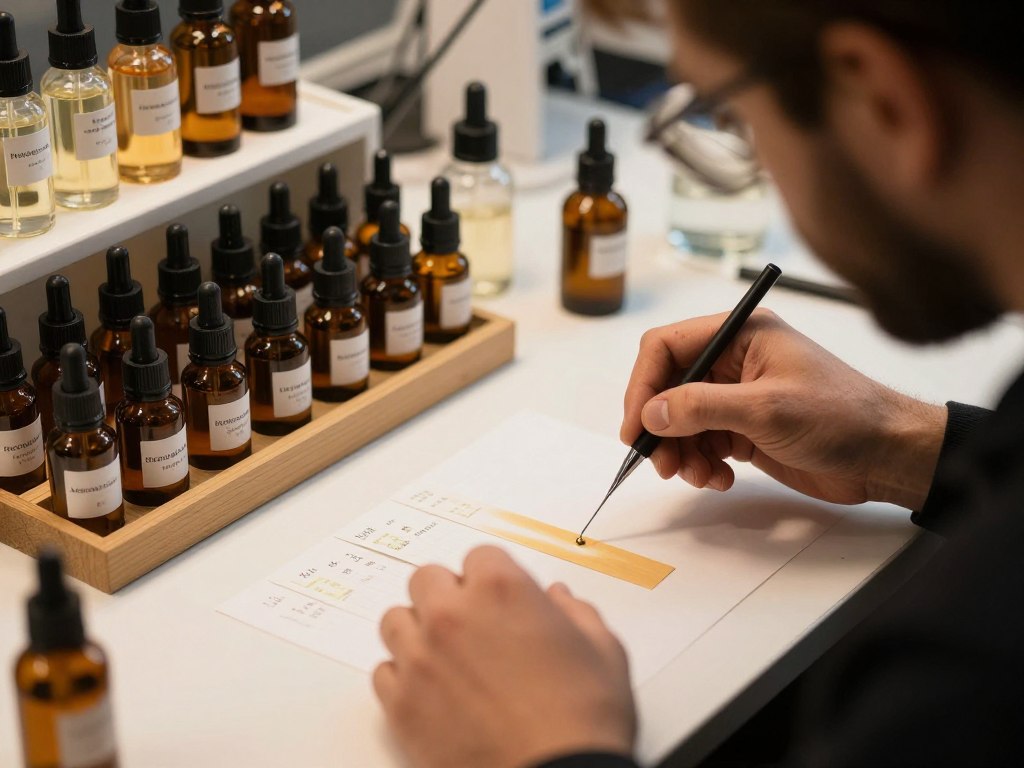 Perfumer working with perfume ingredients in laboratory Perfumer working with perfume ingredients in laboratory