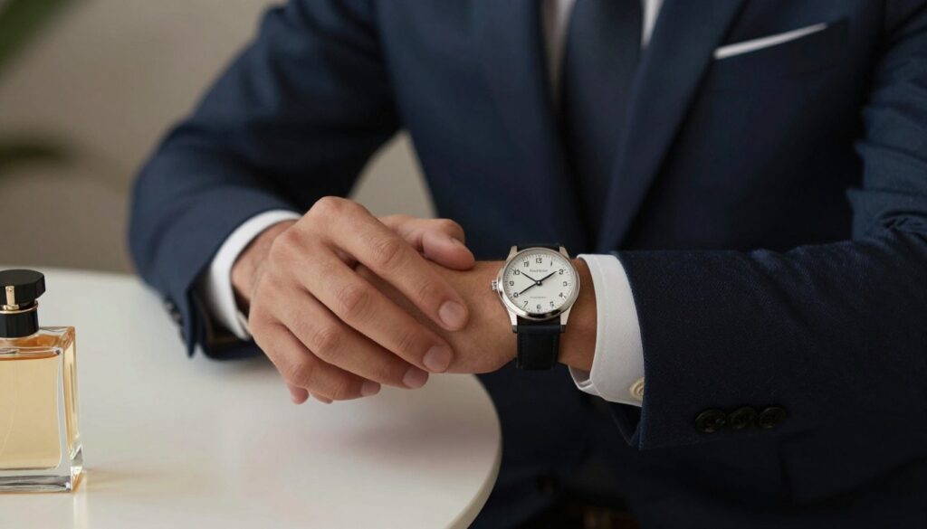 Person checking watch in evening showing perfume lasting all day Person checking watch in evening showing perfume lasting all day