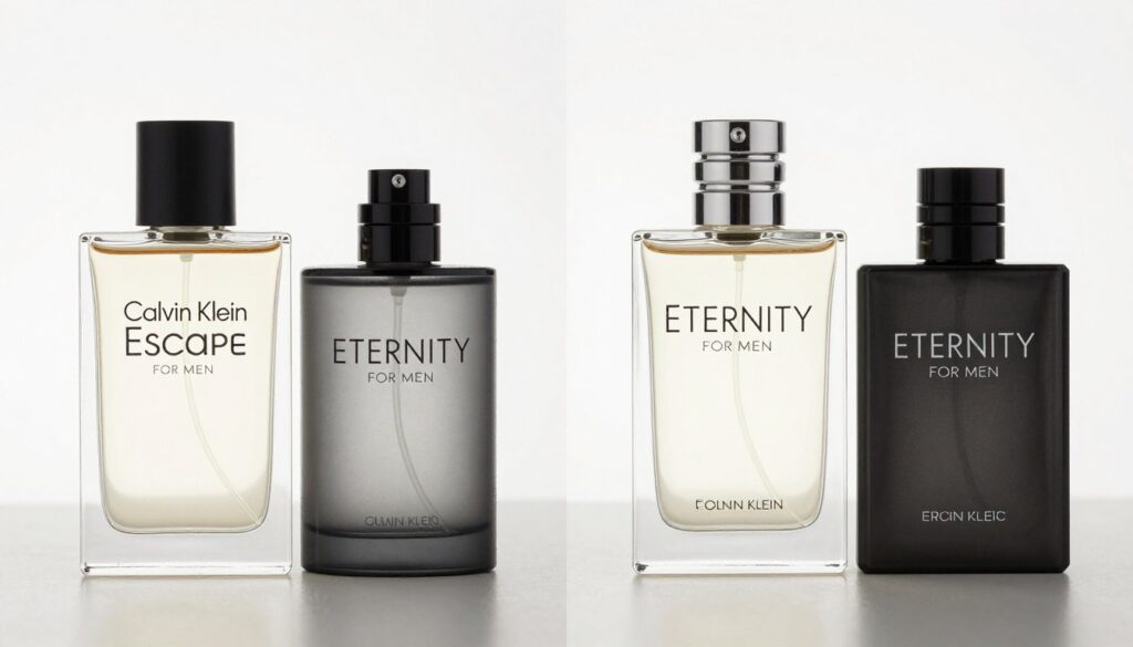 Porównanie butelek perfum Escape i Eternity od Calvin Klein
