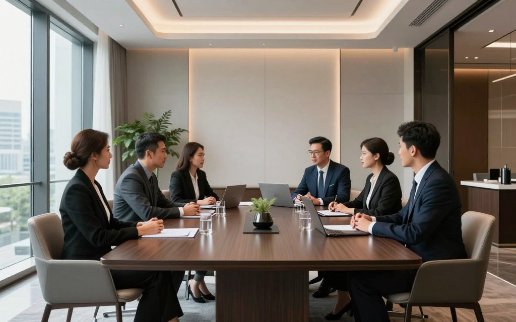 Professional business meeting setting where Sycomore perfume would be appropriate