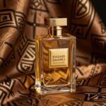 Rasasi Daarej Pour Homme bottle on oriental fabric background