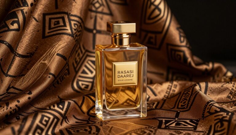 Rasasi Daarej Pour Homme bottle on oriental fabric background