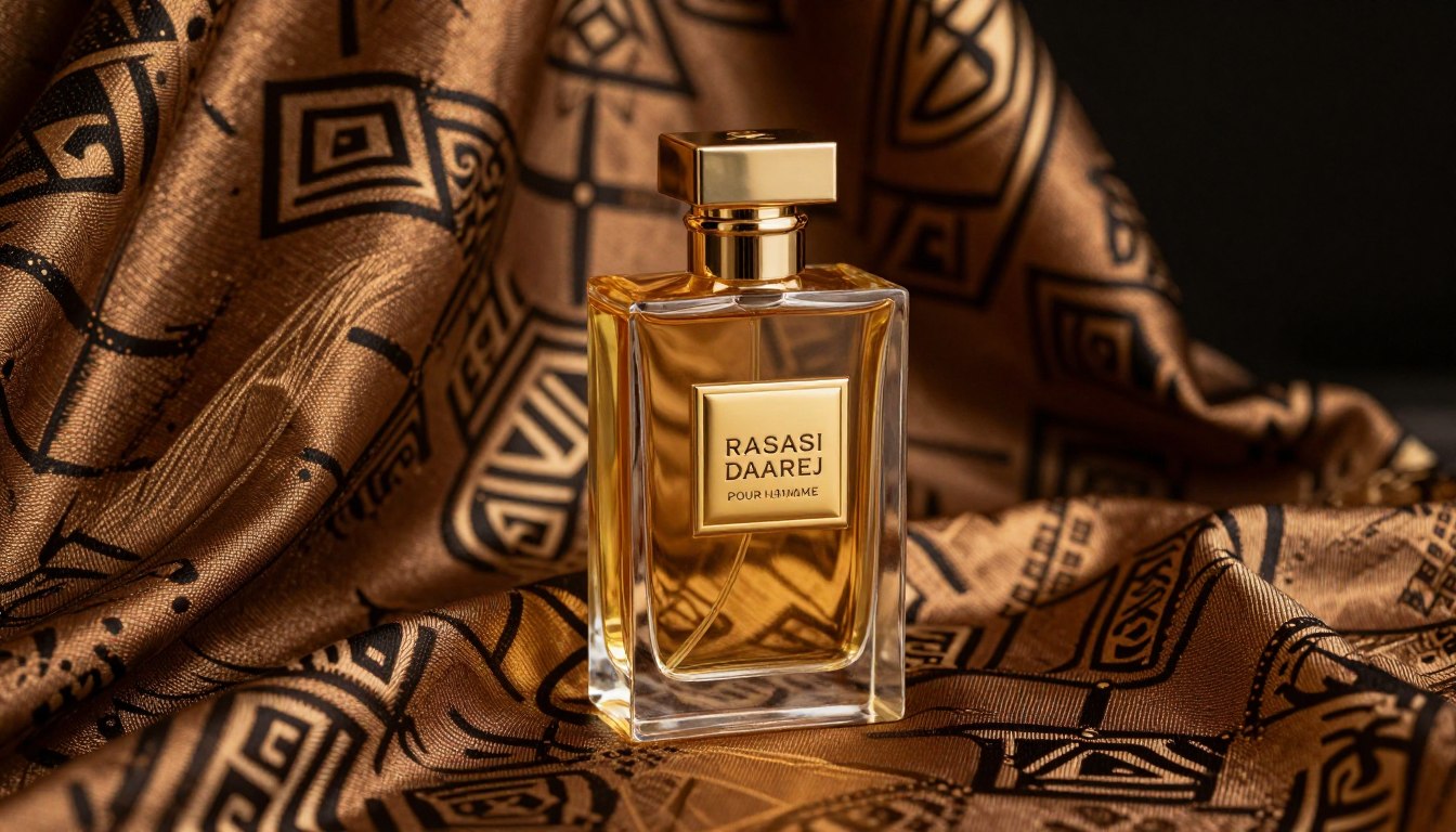 Rasasi Daarej Pour Homme bottle on oriental fabric background