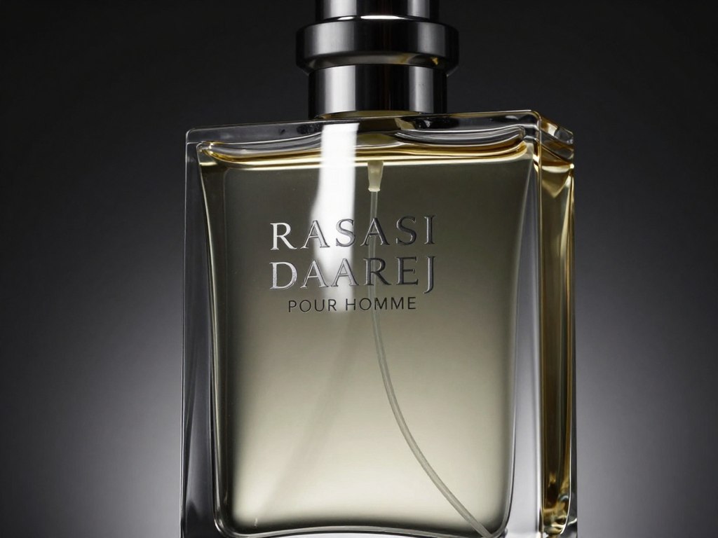 Rasasi Daarej Pour Homme masculine perfume bottle close-up Rasasi Daarej Pour Homme masculine perfume bottle close-up