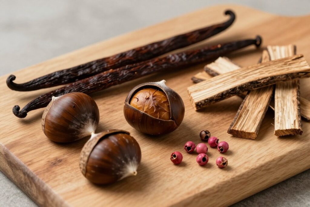 Raw perfume ingredients - chestnuts, vanilla, wood Raw perfume ingredients - chestnuts, vanilla, wood