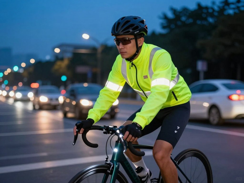 Rowerzysta w odblaskowej odzieży wieczorem