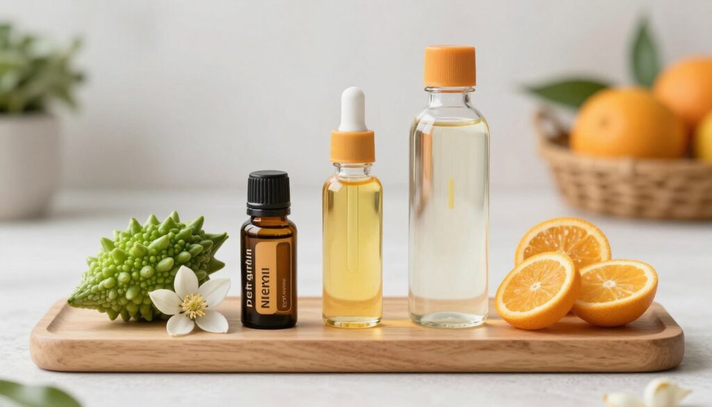Różne produkty z drzewa gorzkiej pomarańczy - neroli, petitgrain, gorzka pomarańcza