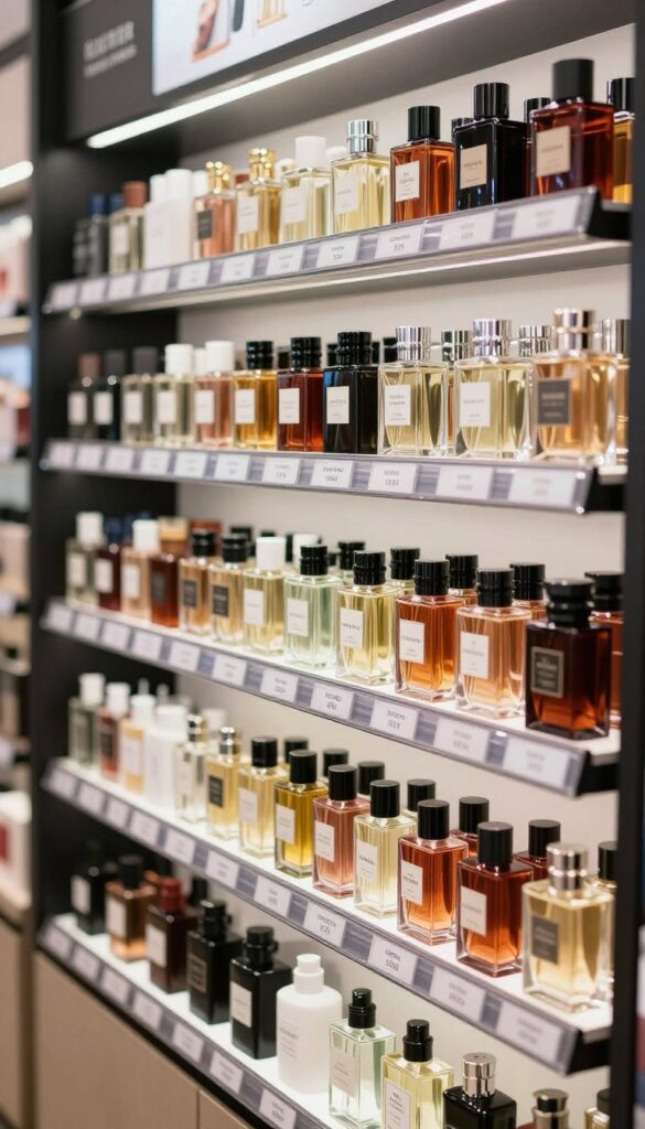 Różne segmenty cenowe perfum męskich na półce