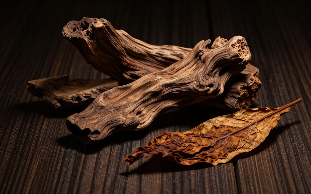 Sandalwood pieces and tobacco leaves artistic composition