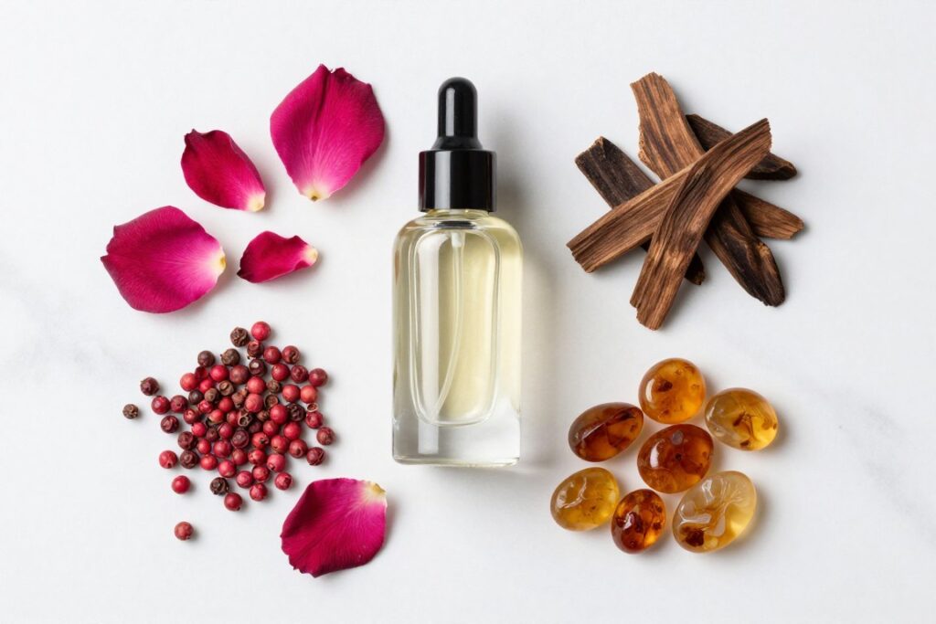 Składniki naturalne używane w perfumach Montale - ziarna pieprzu, kwiaty, drewno