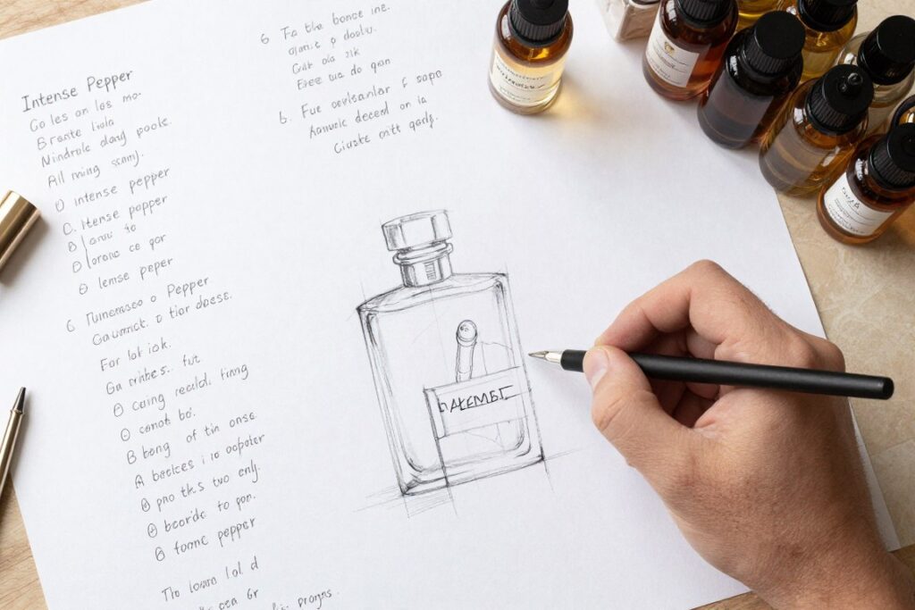 Szkice i notatki perfumiarskie projektu Intense Pepper
