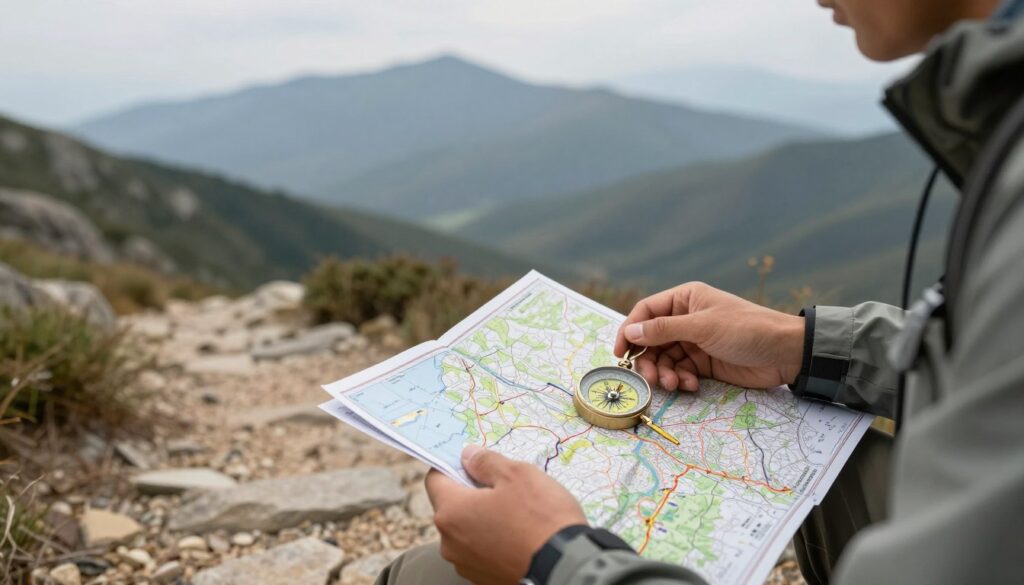 Turysta sprawdzający mapę i kompas na szlaku górskim Turysta sprawdzający mapę i kompas na szlaku górskim