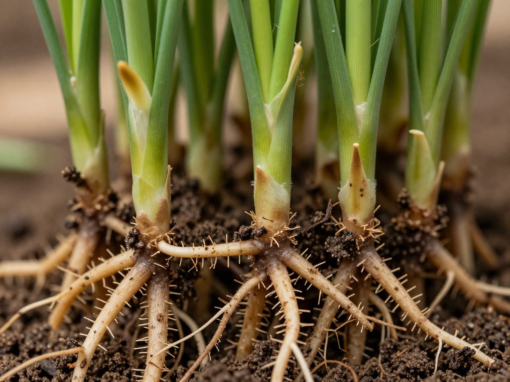 Vetiver roots and plants close-up botanical photography