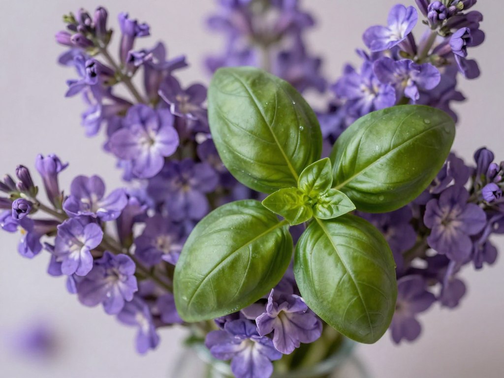 Violet flowers and basil leaves