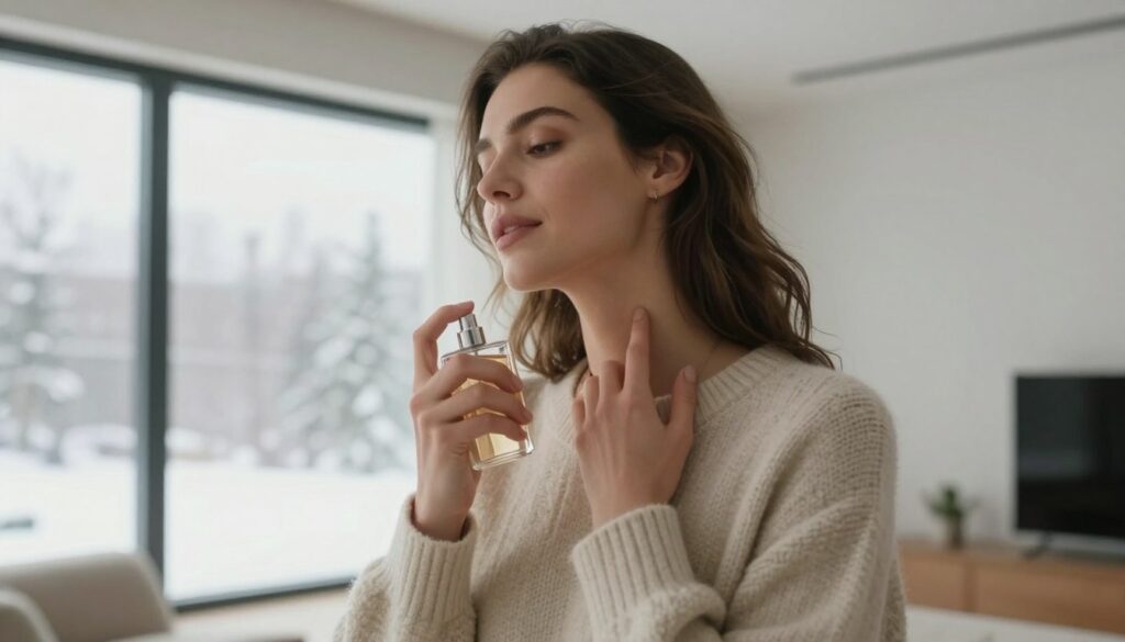 Woman wearing perfume in winter setting looking content Woman wearing perfume in winter setting looking content