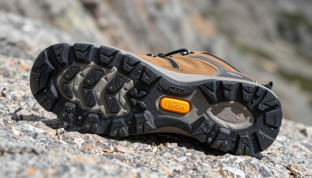Zbliżenie na podeszwę butów trekkingowych Vibram na kamienistym podłożu górskim Zbliżenie na podeszwę butów trekkingowych Vibram na kamienistym podłożu górskim