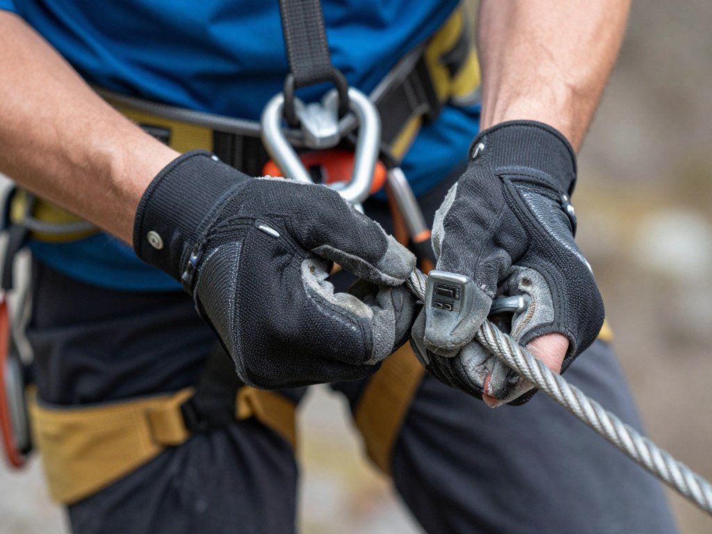Zbliżenie na ręce w rękawicach chwytające stalową linkę na via ferracie Zbliżenie na ręce w rękawicach chwytające stalową linkę na via ferracie