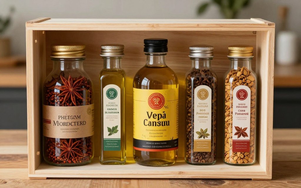 Zestaw przypraw i produktów delikatesowych