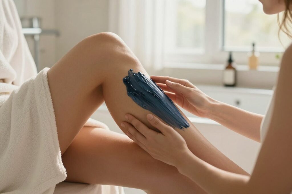 aplikacja balsamu Indigo na skórę nóg aplikacja balsamu Indigo na skórę nóg