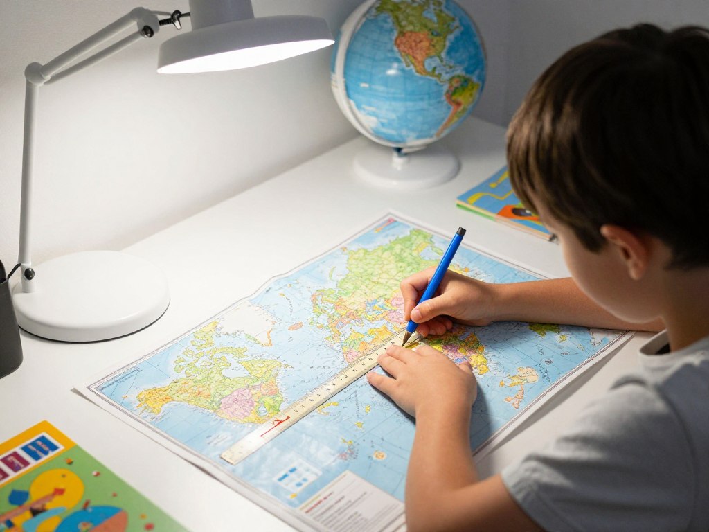 dziecko analizuje mapę ze skalą