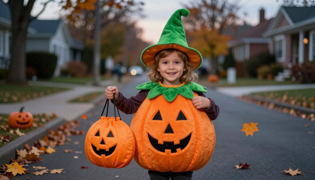 dziecko w kostiumie na Halloween z dynią