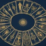 22 karty wielkich arkanow tarota rozlozone na ciemnym tle ze zlotymi symbolami i numerologia