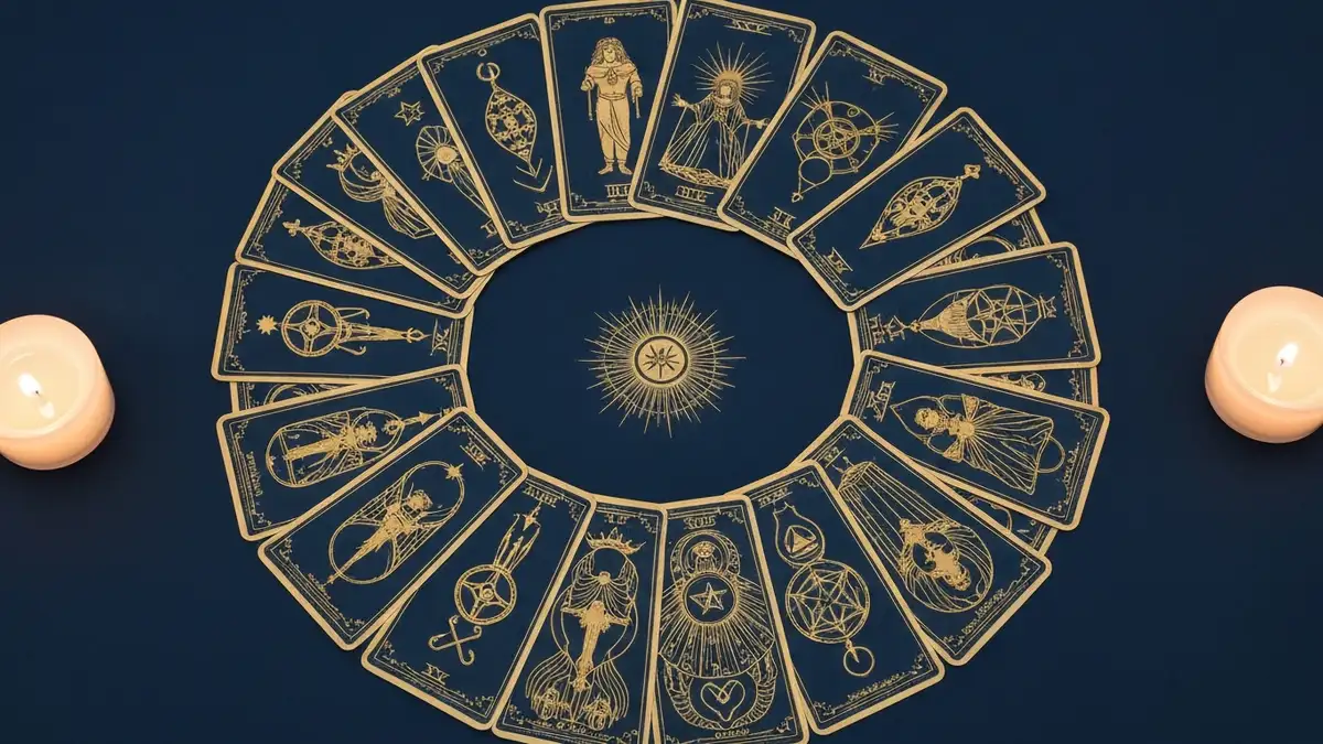 22 karty wielkich arkanow tarota rozlozone na ciemnym tle ze zlotymi symbolami i numerologia