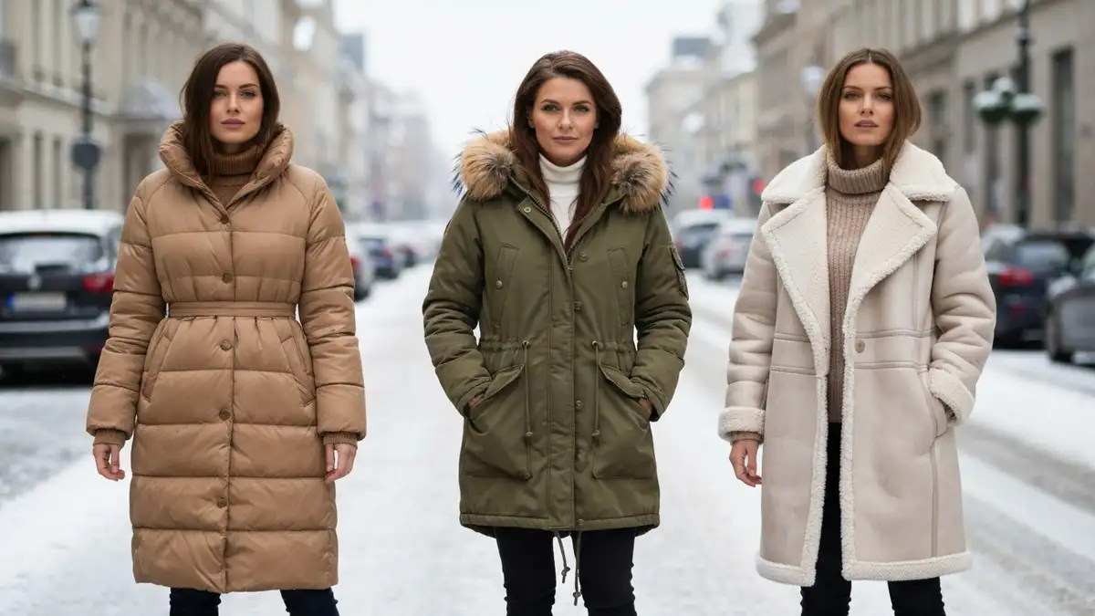 Modne kurtki zimowe 2026 - puchówka, parka i kożuch eko na tle zimowego miasta