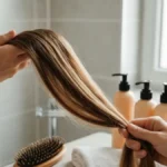Kobieta wcierająca preparat w skórę głowy podczas domowej pielęgnacji włosów