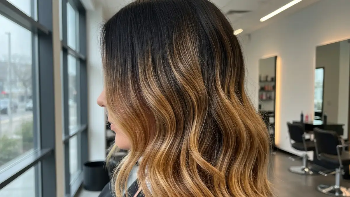 Balayage - naturalne pasemka na ciemnych włosach kobiety