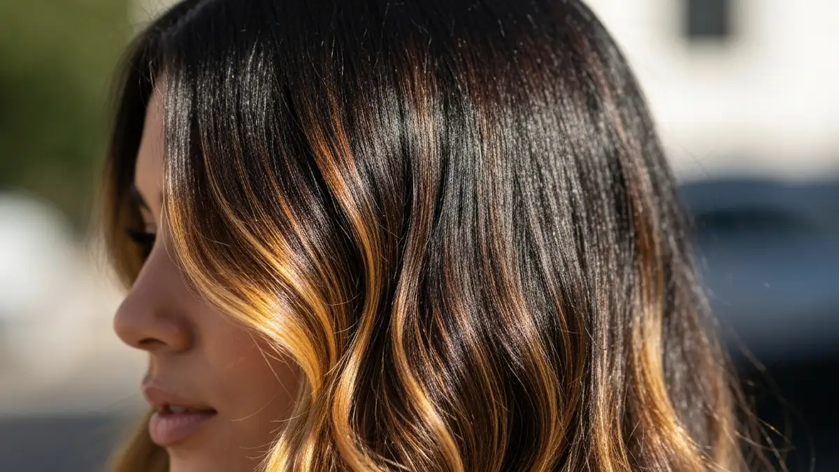 Balayage karmelowy na ciemnych włosach - naturalne refleksy i ciepłe odcienie