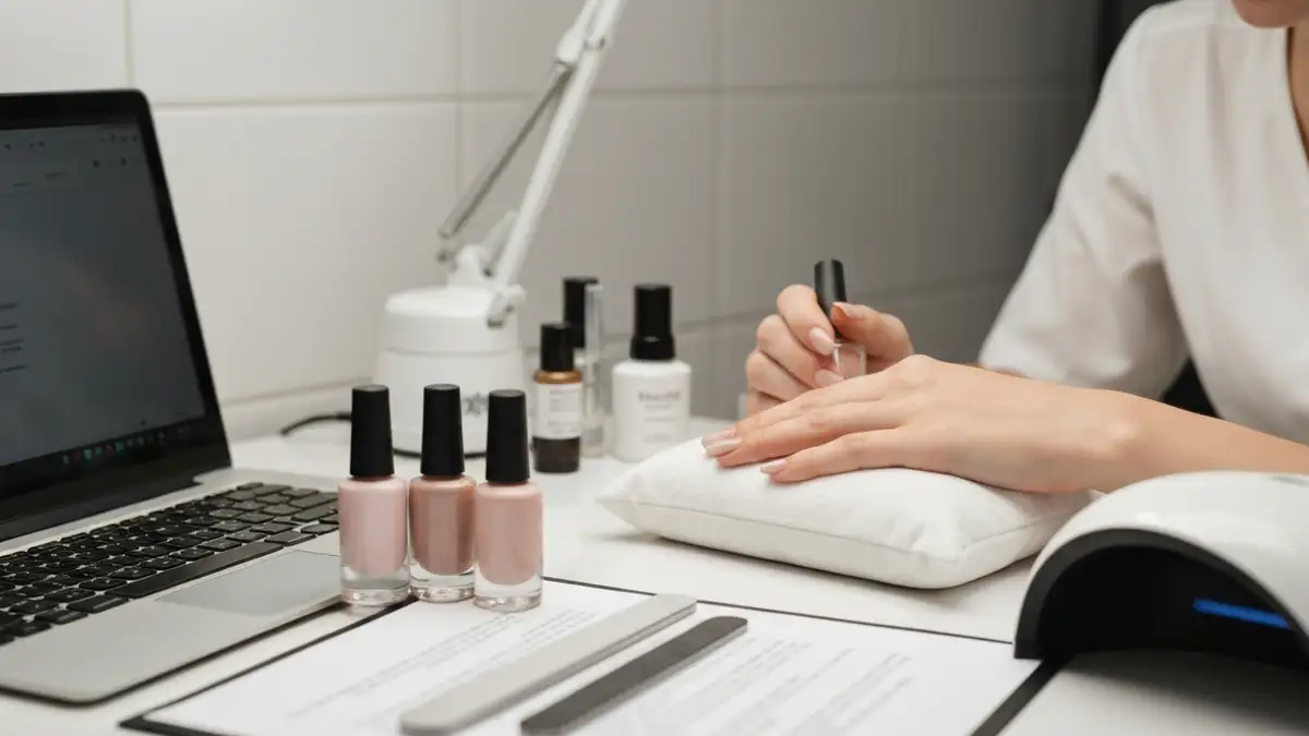 Beżowe paznokcie w odcieniu nude - elegancki manicure na dloniach kobiety