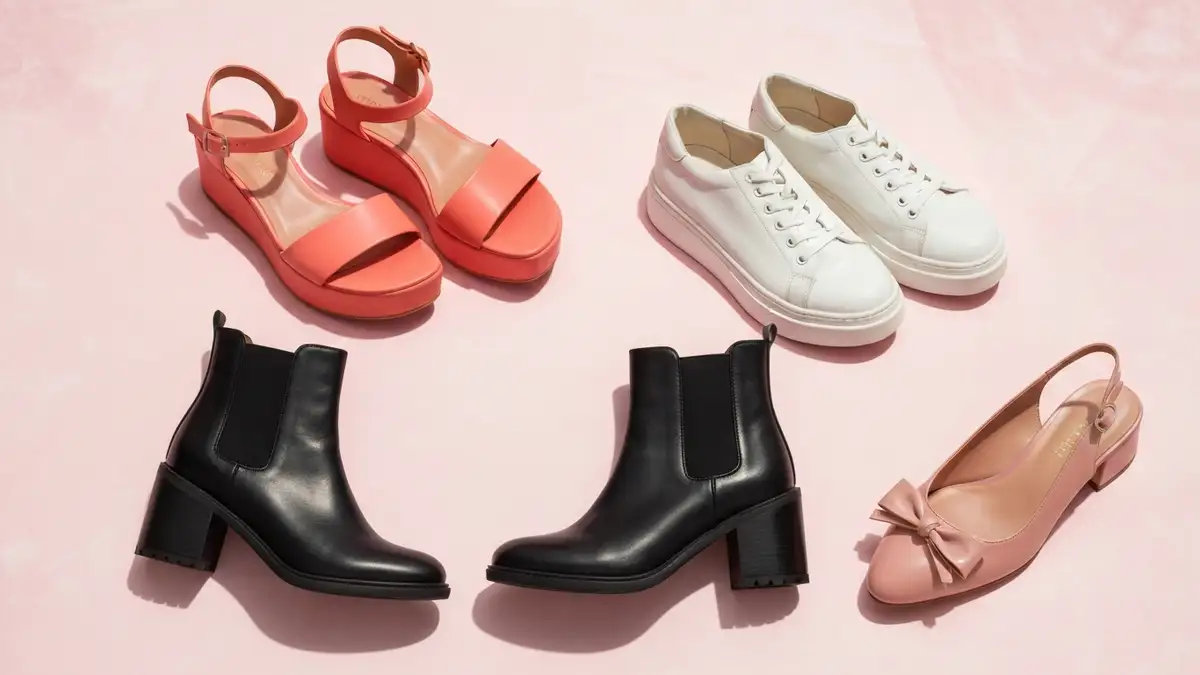 Modne buty damskie 2026 - mokasyny, kowbojki, balerinki i szpilki na bialym tle w stylu fashion editorial