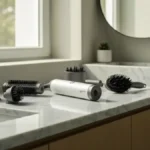 Dyson Airwrap lezacy na marmurowym blacie obok akcesoriów do wlosów